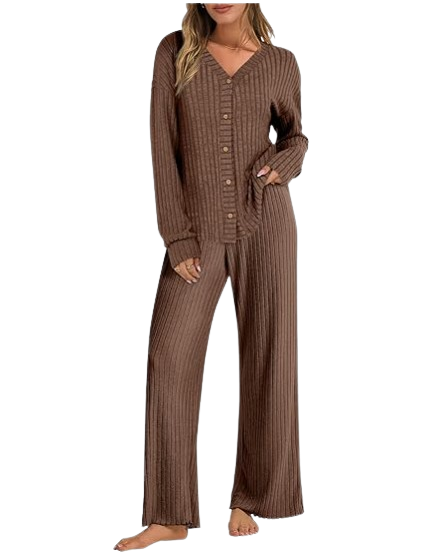 brown ribbed knit pajama set for fall