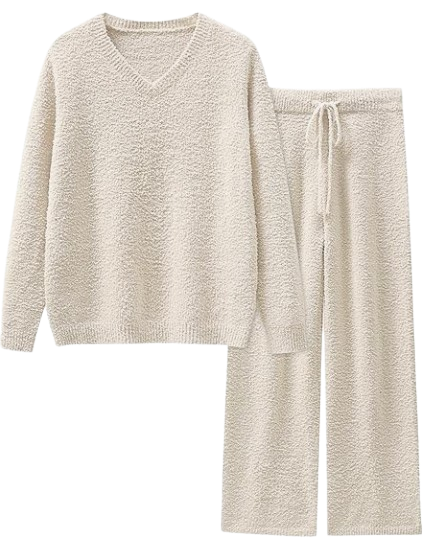 cream fuzzy fleece pajama set for fall