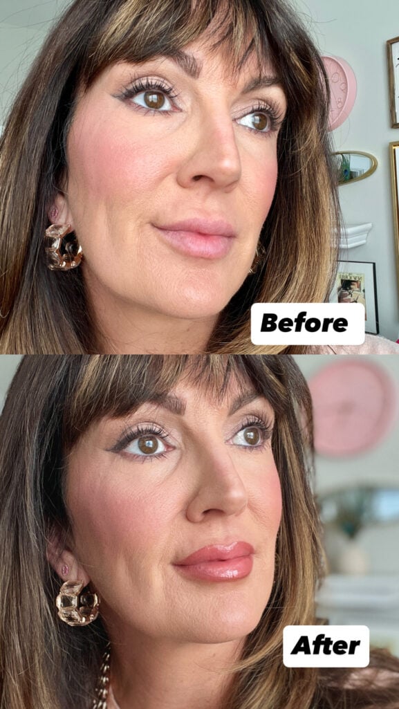before and after photo of woman before and after lipstick demonstration