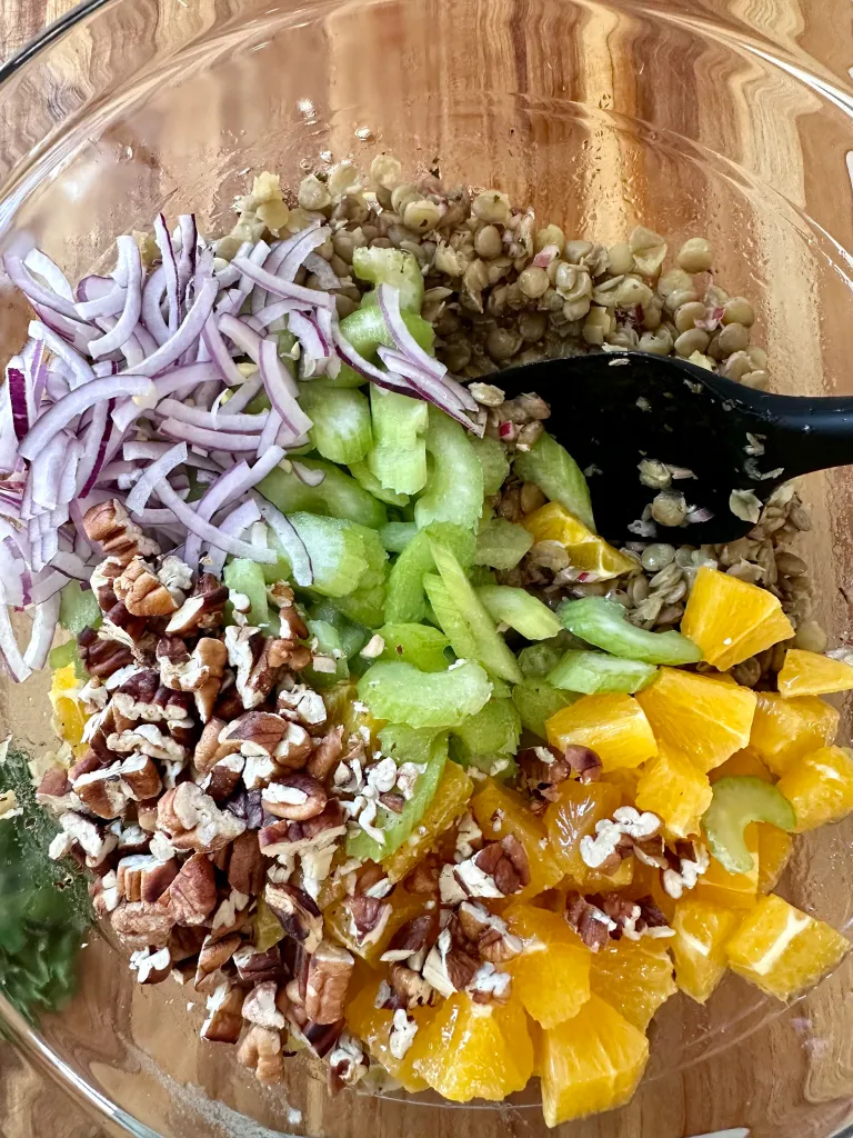 Glass bowl with cooked lentils red onion celery oranges and pecans before tossing - assembling lentil salad with oranges and feta