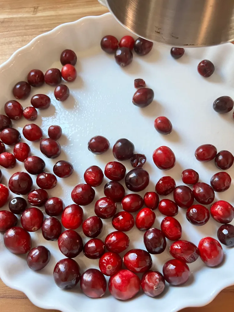 Fresh cranberries scattered in a hot white ceramic baking dish
