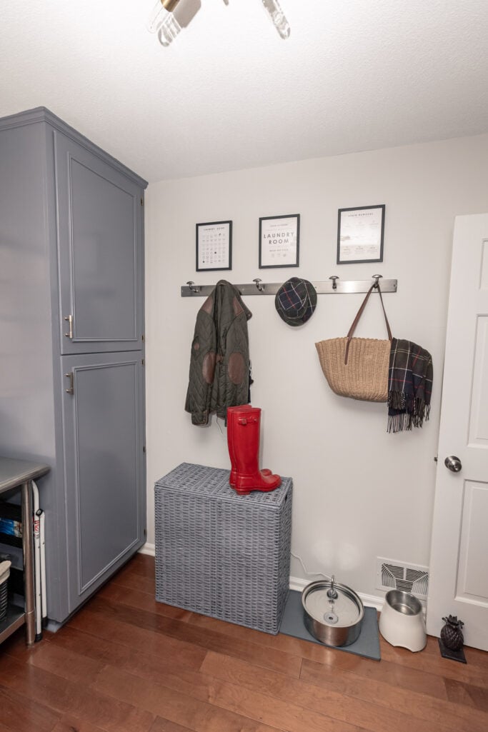 laundry room makeover with Sherwin-Williams Smoke gray painted cabinets