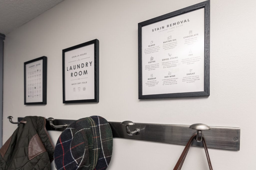 laundry room makeover ideas with framed stain guide print