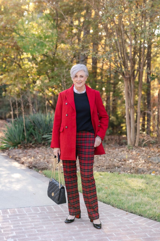 tartan pants holiday outfit women over 50 red coat