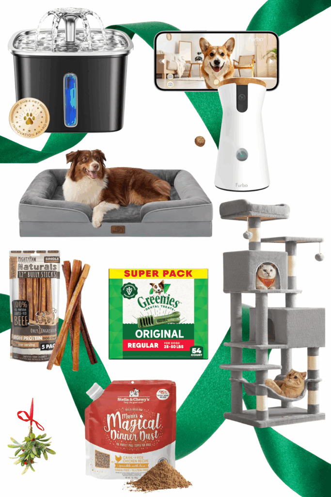 Holiday pet gift guide collage featuring a pet water fountain with blue LED light, Furbo dog camera with treat tossing feature, gray orthopedic dog bed, Mighty Paw bully sticks, Greenies dental treats super pack, gray multi-level cat tree with platforms and hideaway spots, and Stella & Chewy's Magical Dinner Dust meal topper, all arranged with festive green ribbon and mistletoe accents