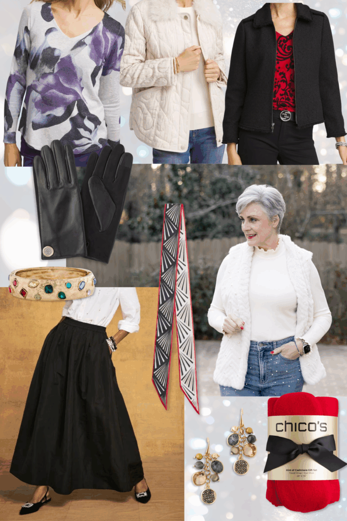 Chico's holiday sale picks collage featuring purple floral sweater, cream quilted jacket, black blazer with red top, black leather gloves, jeweled gold bangle bracelet, black pleated midi skirt, geometric print scarf, statement drop earrings, white faux fur coat with woman in jeans, and red Chico's cashmere gift set
