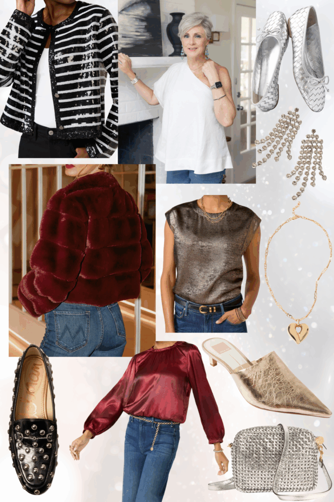 Shoppable collage of luxe items like tops, jewelry and shoes to dress up your denim for the holidays.
