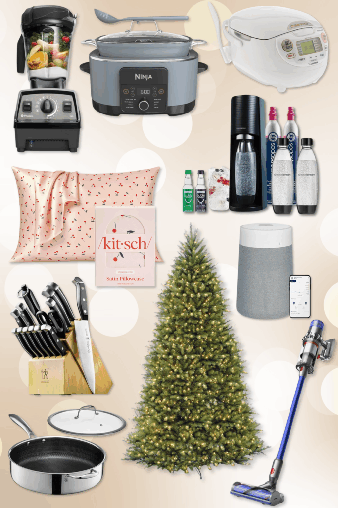 Early Black Friday home picks collage featuring Vitamix blender, gray Ninja programmable slow cooker, white digital rice cooker, pink cherry print Kitsch satin pillowcase set, SodaStream sparkling water maker with bottles and Bubly flavors, Henckels knife block set with wooden base, pre-lit green Christmas tree, gray and air purifier with app, Dyson cordless stick vacuum in purple and silver, and nonstick sauté pan with glass lid