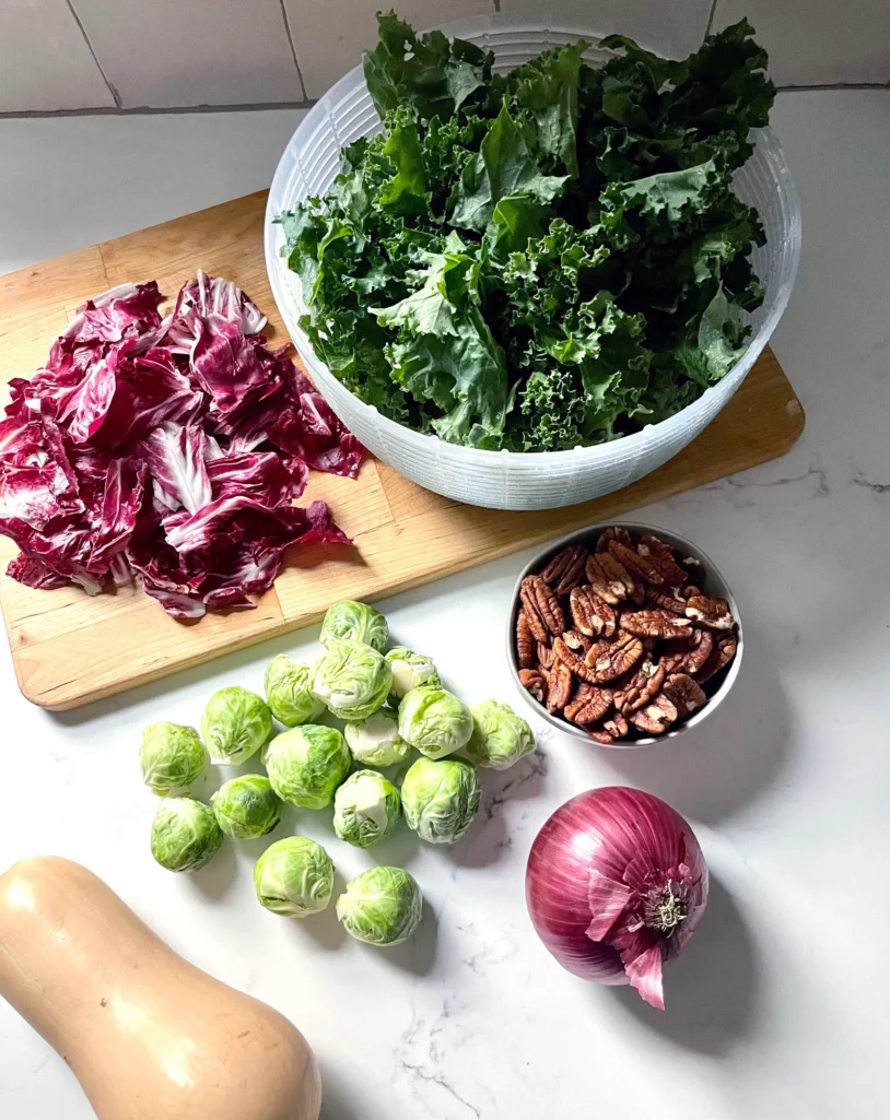Fall Harvest Salad with roasted butternut squash and kale ingredients