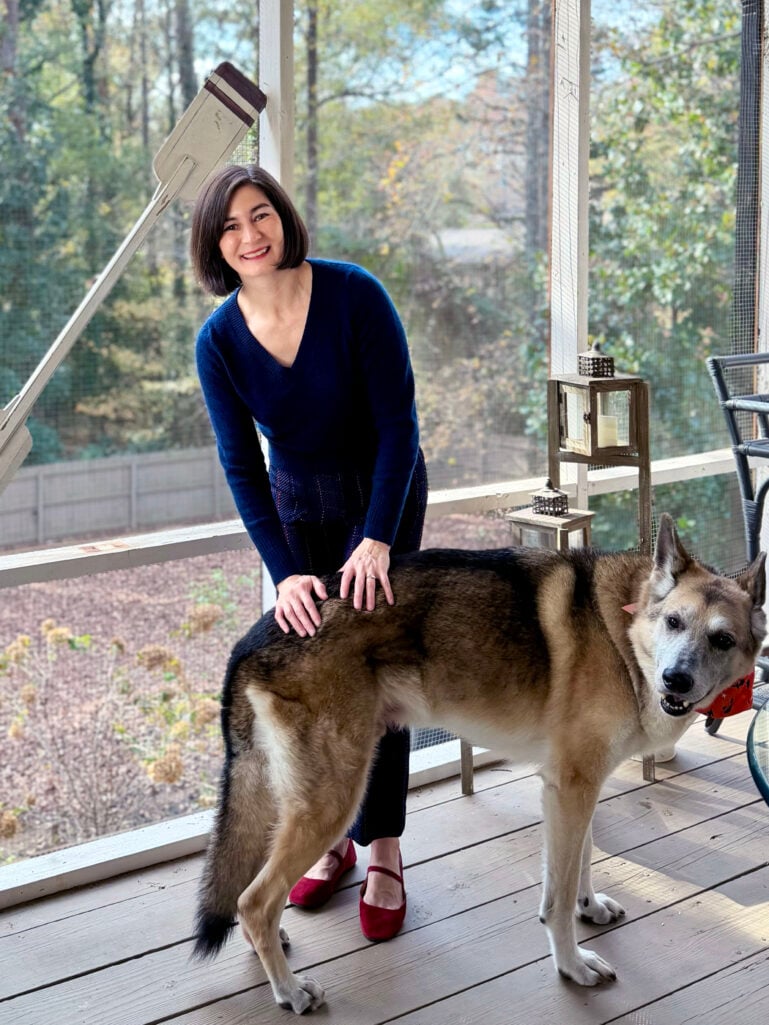Woman in navy sweater and wide-leg pants kneeling beside large tan and black German Shepherd dog wearing a red bandana on a screened porch