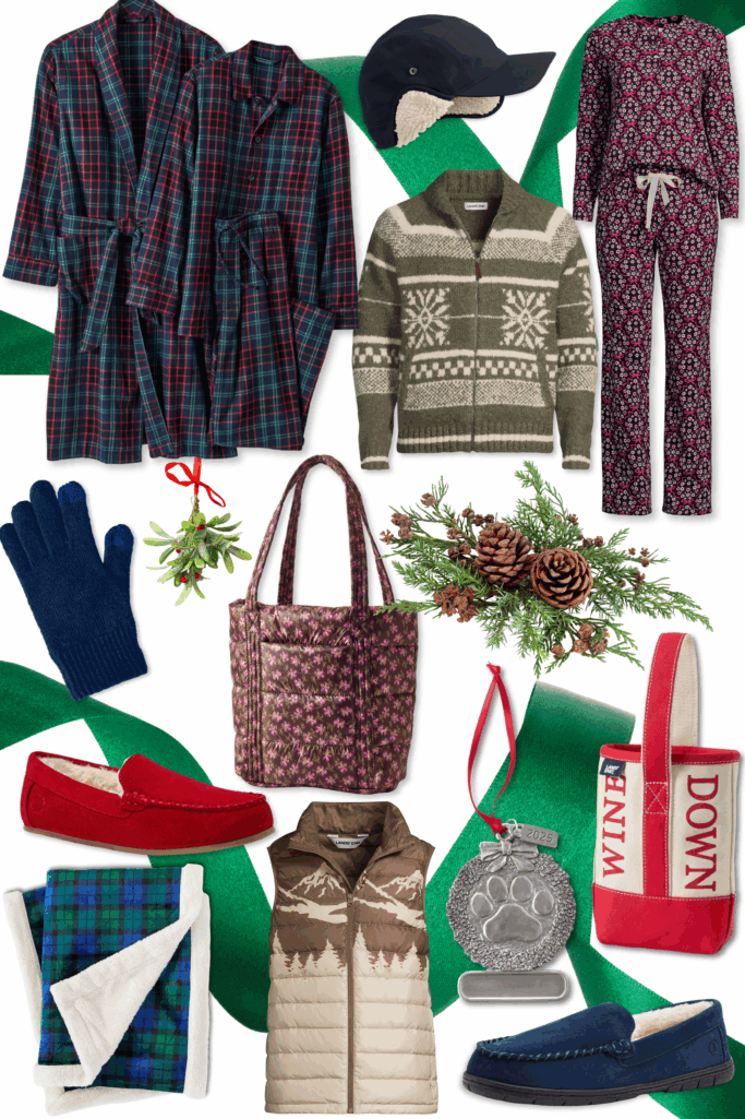 Holiday gift collage featuring navy and red plaid men's robe and pajama set, fleece-lined trapper hat, olive fair isle zip cardigan, burgundy floral women's pajama set, navy cashmere gloves, floral quilted tote bag, red and navy fuzzy-lined moccasin slippers, plaid sherpa throw blanket, tan mountain-print packable down vest, personalized 2025 ornament, wine bottle canvas tote, and pine branch accents with red and green ribbon