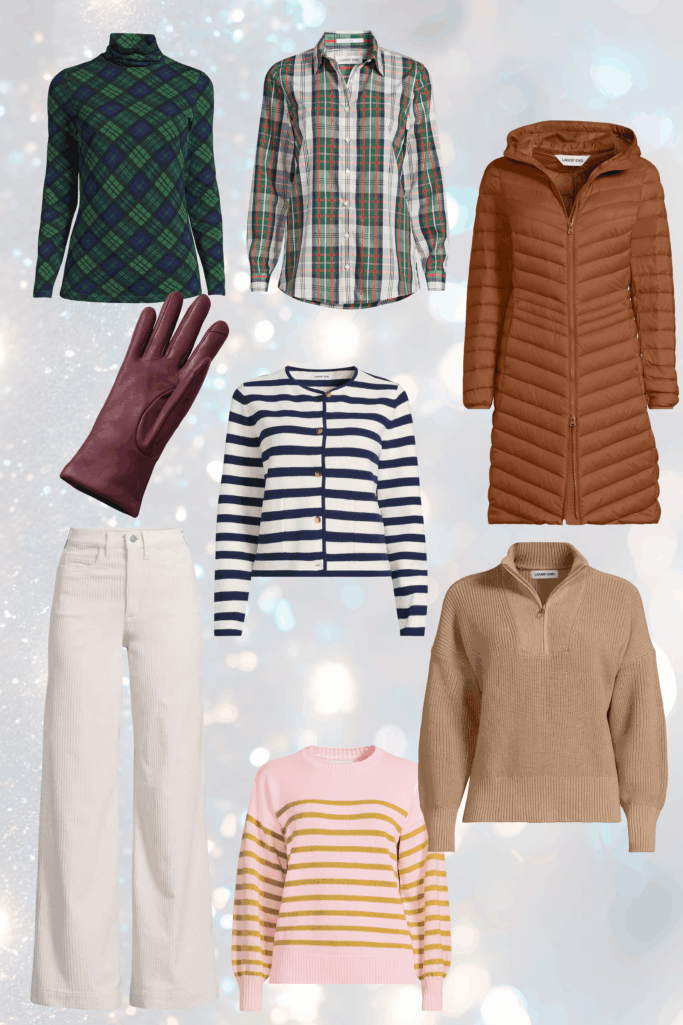 Lands' End sale picks collage featuring navy and green plaid turtleneck, multicolor plaid button-down shirt, camel puffer coat, burgundy leather gloves, navy and white striped cardigan, cream corduroy pants, camel half-zip sweater, and pink striped crewneck sweater with yellow stripes