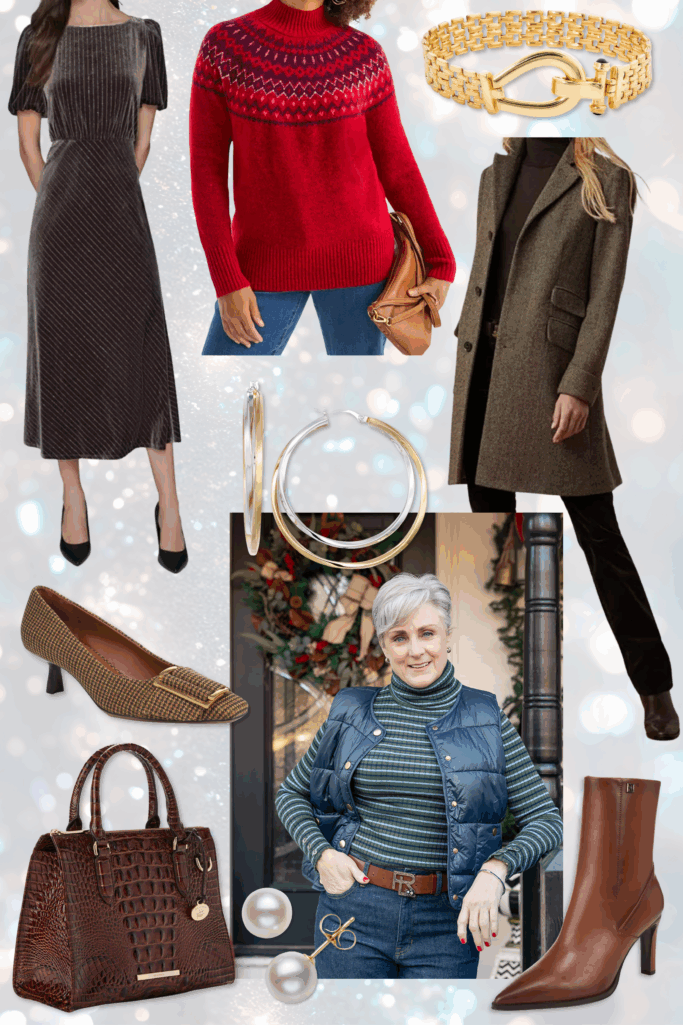 Macy's holiday sale picks collage featuring charcoal pinstripe midi dress, red fair isle sweater, gold chain link bracelet, olive green wool coat with fringe, gold and silver hoop earrings, brown houndstooth kitten heel pumps, brown croc-embossed satchel bag, pearl stud earrings, and woman in blue puffer vest with striped turtleneck and brown leather ankle boots