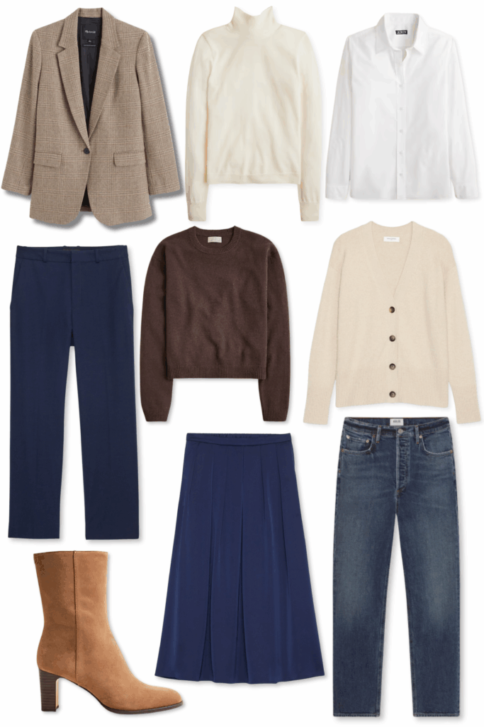 More ways to wear it collage showing Madewell plaid blazer styled with ivory turtleneck, white button-down, navy trousers, espresso cashmere sweater, beige cardigan, navy midi skirt, denim jeans and tan suede boots - petite outfit remixing ideas