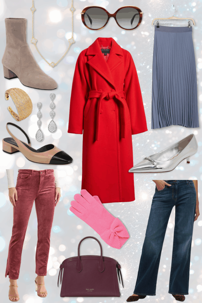 Nordstrom Rack clearance picks collage featuring taupe suede ankle boots, gold clover station necklace, tortoise oval sunglasses, red belted wrap coat, blue pleated midi skirt, gold wire cuff bracelet, teardrop crystal chandelier earrings, black and tan slingback pumps, mauve velvet pants, pink bow-detail gloves, silver metallic pointed-toe kitten heels, burgundy Kate Spade satchel, and dark wash wide-leg jeans