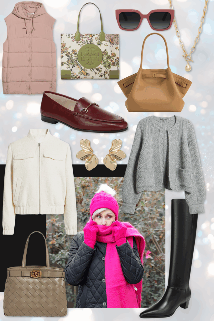 Nordstrom early Black Friday sale picks collage featuring dusty rose puffer vest, cream puff sleeve jacket, burgundy leather loafers, Tory Burch floral print tote with green trim, tan slouchy hobo bag, rose gold sunglasses, gold teardrop pendant necklace, gold sculptural flower earrings, gray cable knit cardigan, woman in hot pink beanie and scarf with black quilted coat, woven taupe tote with gold hardware, and black knee-high leather boots