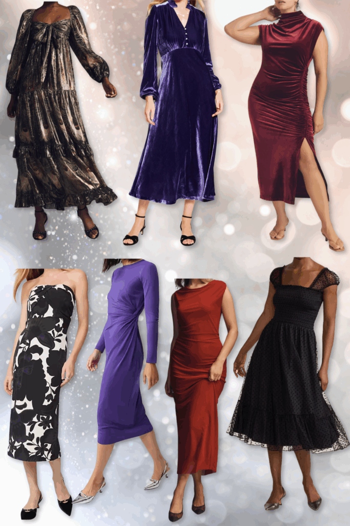 Collage of seven petite winter wedding guest dresses including metallic gold tiered maxi, royal blue velvet midi, burgundy ruched satin dress with slit, black and white floral strapless midi, purple one-shoulder bodycon dress, rust orange draped maxi, and black lace fit-and-flare dress - petite formal occasion dresses