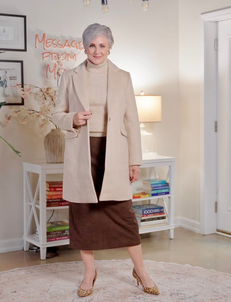 Beth Djalali wearing mocha tones — mocha and chocolate brown outfit for women over 50, fall 2025 color trends, quiet luxury neutrals