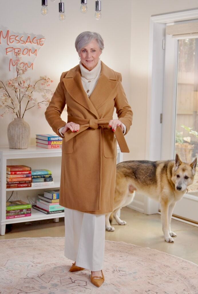 Cream layered outfit under camel coat with cognac boots; casual version with jeans and loafers.