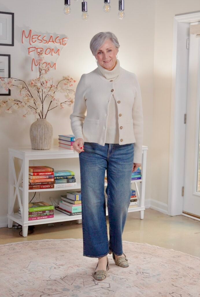 Cream layered outfit under camel coat with cognac boots; casual version with jeans and loafers.