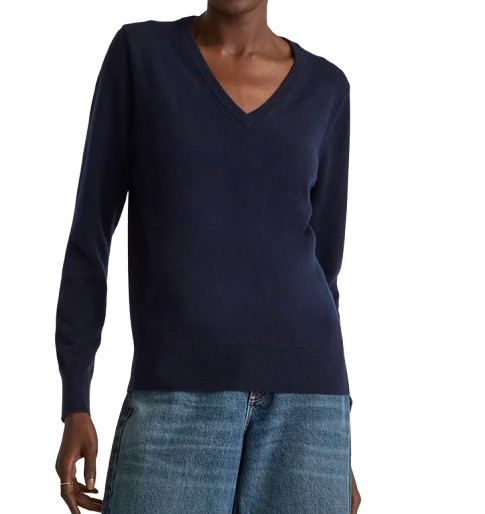 Quince Navy Cashmere V-Neck Sweater