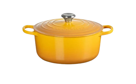 Yellow enameled cast-iron 5.5-quart Dutch oven with side handles and a stainless-steel knob on the lid.