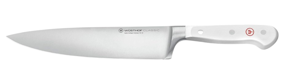 Wüsthof Classic 8-inch chef’s knife with a sharp stainless-steel blade and white triple-riveted handle.