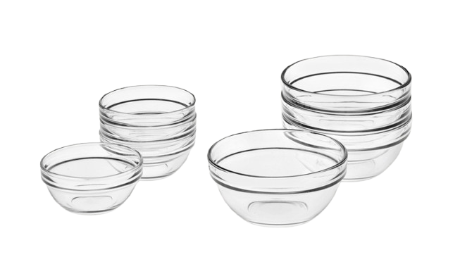 Set of eight clear glass prep bowls in assorted sizes, stacked in small groups