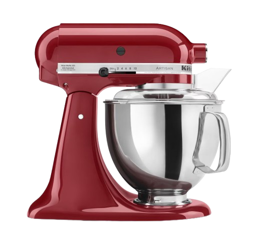 Red KitchenAid Artisan stand mixer with a stainless-steel mixing bowl and pour shield attachment, shown in a side profile on a white background.