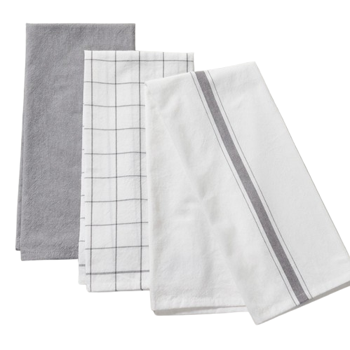 Set of three Le Creuset kitchen towels, including one solid gray towel, one white towel with a gray windowpane grid, and one white towel with a double gray stripe, neatly layered together.