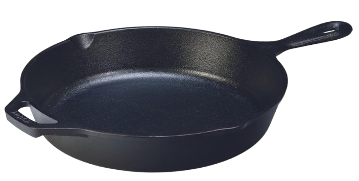 Pre-seasoned 12-inch cast-iron skillet with a long handle and helper grip.