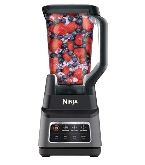 Ninja countertop blender with a clear pitcher filled with mixed berries, featuring preset buttons for smoothies, ice cream, and blending speeds on a black base.