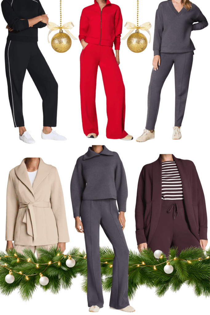 Holiday gift collage featuring Spanx AirEssentials loungewear sets including black crewneck with white piping and tapered pants, red half-zip with wide-leg pants, gray V-neck tunic with slim pants, cream belted wrap cardigan, charcoal funnel-neck top with flare pants, and burgundy cocoon cardigan over striped top, with gold glitter ornaments and evergreen garland with white ornaments and twinkle lights