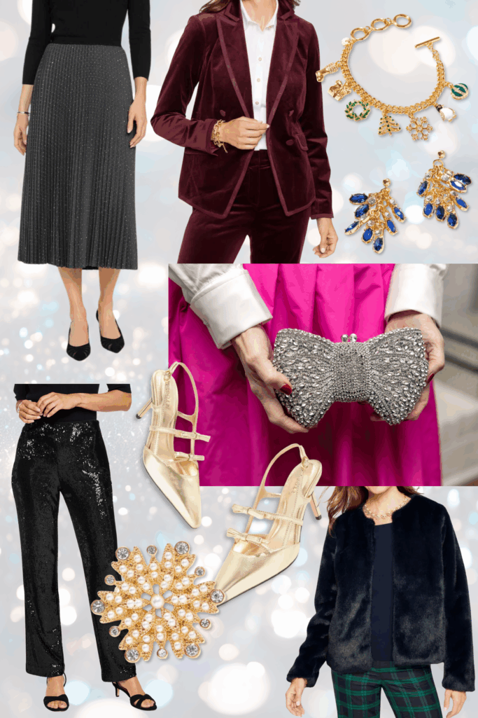 albots holiday sale picks collage featuring black ribbed knit sweater with charcoal sequin pleated skirt, burgundy velvet blazer and pants suit with white shirt, gold charm bracelet with holiday motifs, blue jeweled peacock earrings, black sequin pants, gold strappy heeled sandals, rhinestone bow clutch being held, pearl and crystal snowflake brooch, and black faux fur jacket with green plaid pants
