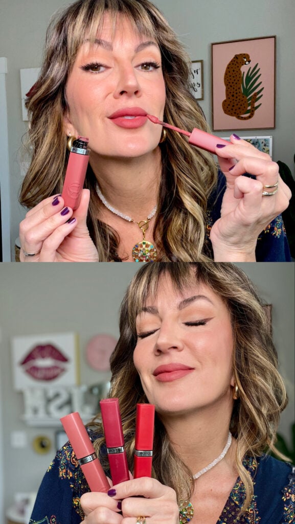 Split image showing woman applying and displaying L'Oreal Infallible matte liquid lipsticks in pink and coral shades