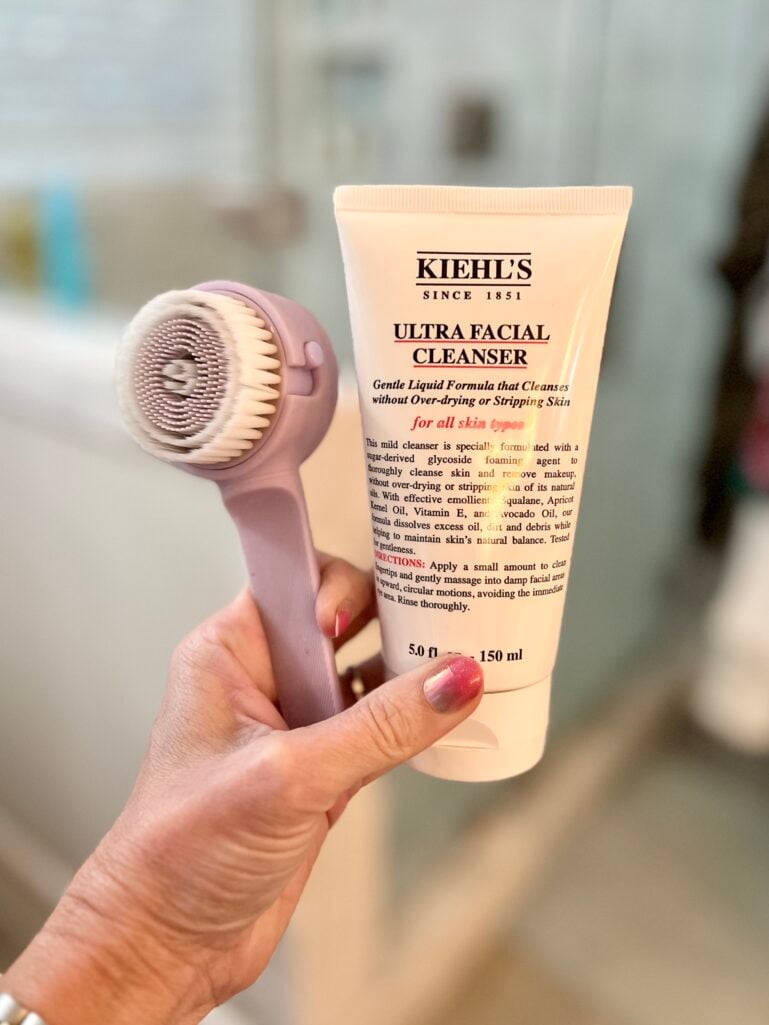 Kiehl's Ultra Facial Cleanser with Anisa Beauty pink facial cleansing brush - gentle hydrating cleanser for mature skin