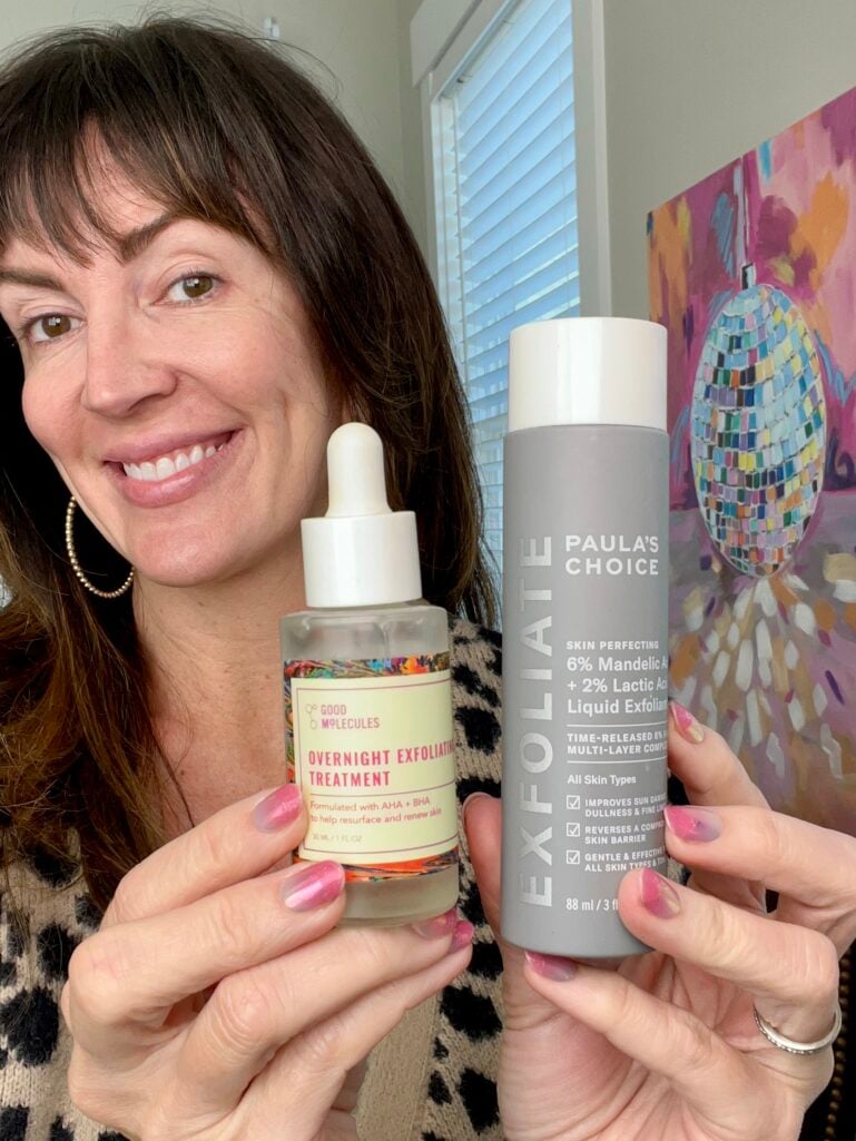 ennifer holding Paula's Choice Mandelic Acid and Good Molecules Overnight Exfoliating Treatment - chemical exfoliants for mature skin