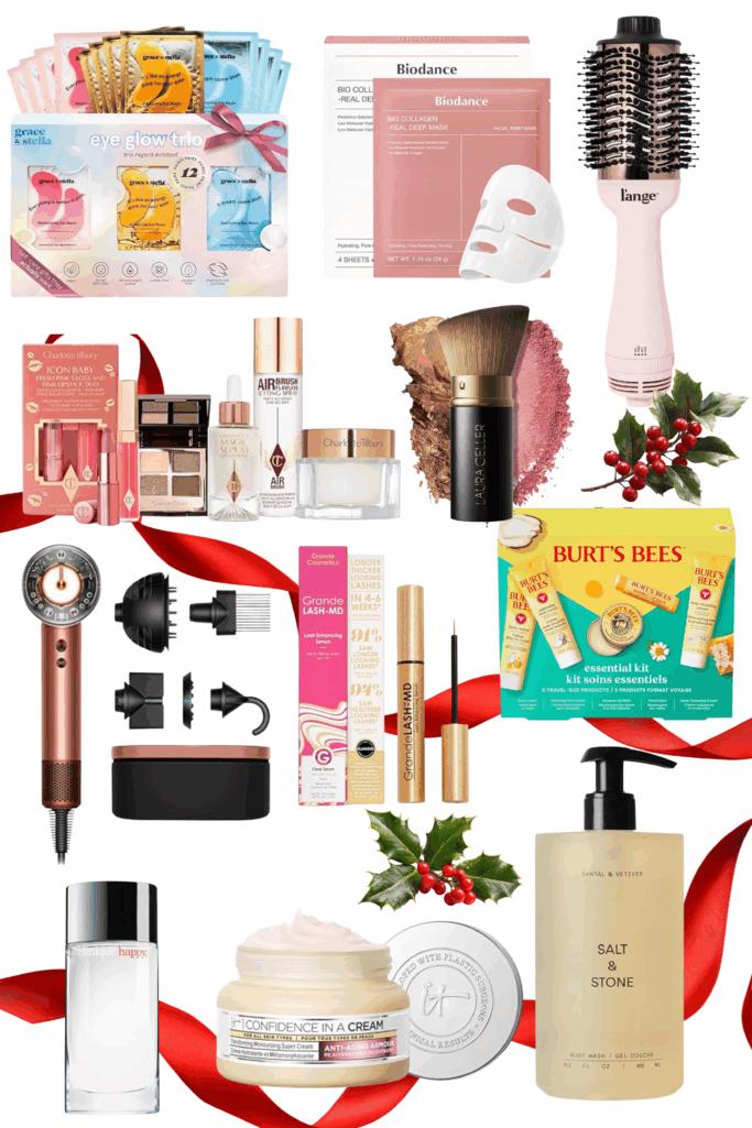 Holiday gift collage featuring Grace & Stella eye glow trio mask set, Biodance collagen sheet masks, pink L'Ange blow dry brush, Charlotte Tilbury airbrush essentials gift set, Laura Geller retractable kabuki brush, rose gold Dyson Supersonic hair dryer with attachments, Grande Lash MD serum, Burt's Bees essentials kit, Clinique Happy perfume, IT Cosmetics Confidence in a Cream moisturizer, and Salt & Stone body wash with red ribbon and holly accents
