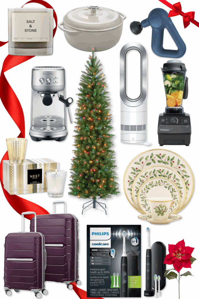 Holiday gift collage featuring Salt & Stone candle, cream Lodge dutch oven, navy Theragun massage gun, silver Breville espresso machine, pre-lit Christmas tree with multicolor lights, Dyson hot and cool fan, Vitamix blender, Nest holiday candle set with gold packaging, Lenox holly dinnerware set, purple Samsonite luggage set, and Philips Sonicare electric toothbrush with red ribbon and poinsettia accents