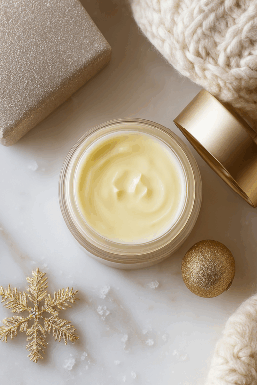 Open jar of rich yellow body cream on a marble surface, styled with cozy knit textures, gold holiday ornaments, and a glittery gift box for a festive winter scene.