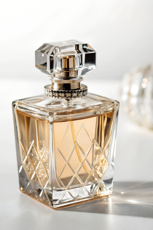 Elegant glass perfume bottle filled with amber-hued fragrance, featuring a faceted crystal cap and diamond-etched detailing, photographed in soft light for a luxurious, glamorous look.
