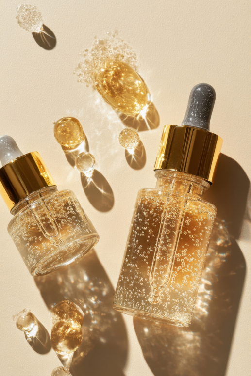 Flat lay of self-care and wellness essentials, including facial serum droppers.