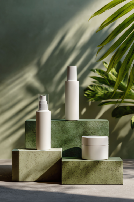 Minimalist skincare products displayed on green stone blocks with soft natural light and leafy shadows, creating a calm, spa-like setting that highlights clean, modern beauty packaging.