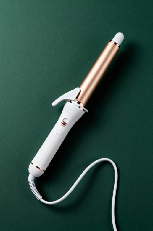 White and gold curling iron with a sleek barrel and clamp, styled against a deep green background for a clean, modern beauty flat lay that highlights a polished hair-styling routine.