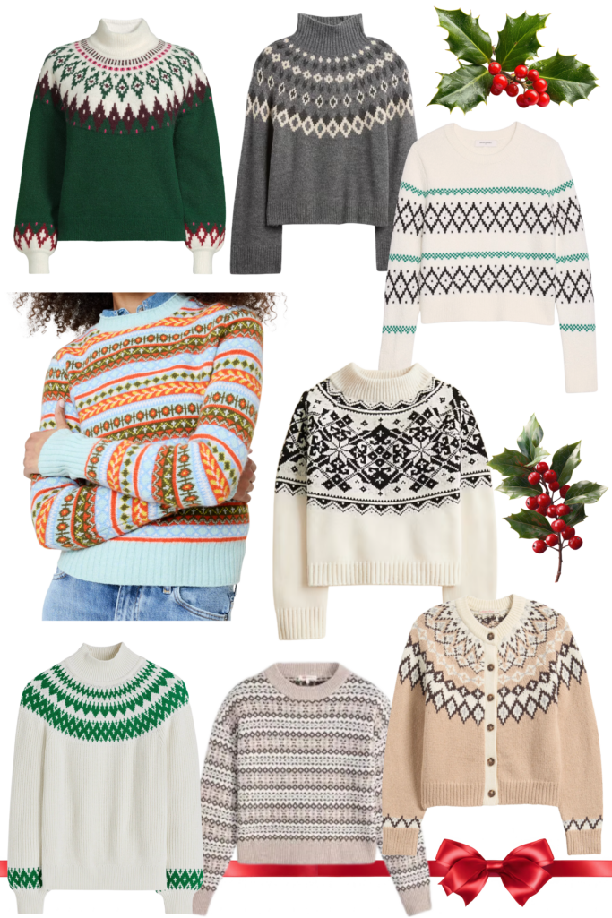 Holiday fair isle sweater collage featuring forest green and cream pullover with burgundy accents, charcoal turtleneck with cream diamond pattern, cream sweater with green geometric stripes, multicolor striped sweater in orange blue and green tones, cream and black snowflake pullover, cream turtleneck with green zigzag yoke, gray and cream patterned crewneck, and camel cardigan with brown and cream yoke pattern, with holly and red ribbon accents