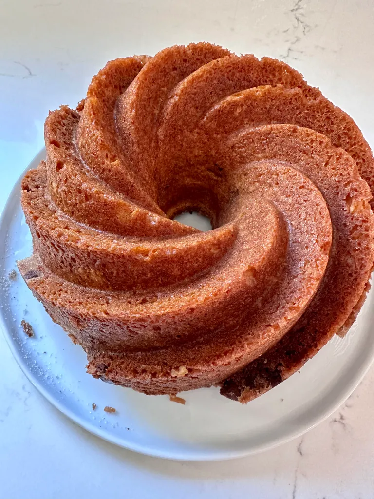 Chocolate cinnamon coffee cake showing bundt shape