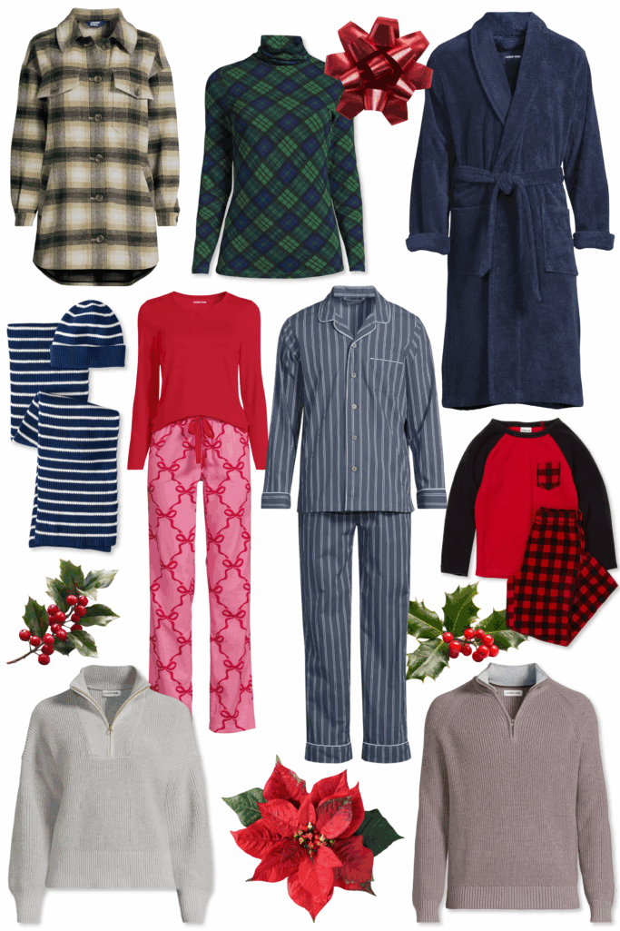 Holiday gift collage featuring cream and olive plaid shirt jacket, green and navy plaid turtleneck, navy terry robe, navy and white striped hat and scarf set, red top with pink bow-print pajama pants, blue striped men's pajama set, kids red buffalo check pajama set, gray quarter-zip sweater, mauve quarter-zip sweater, with red gift bow and poinsettia accents
