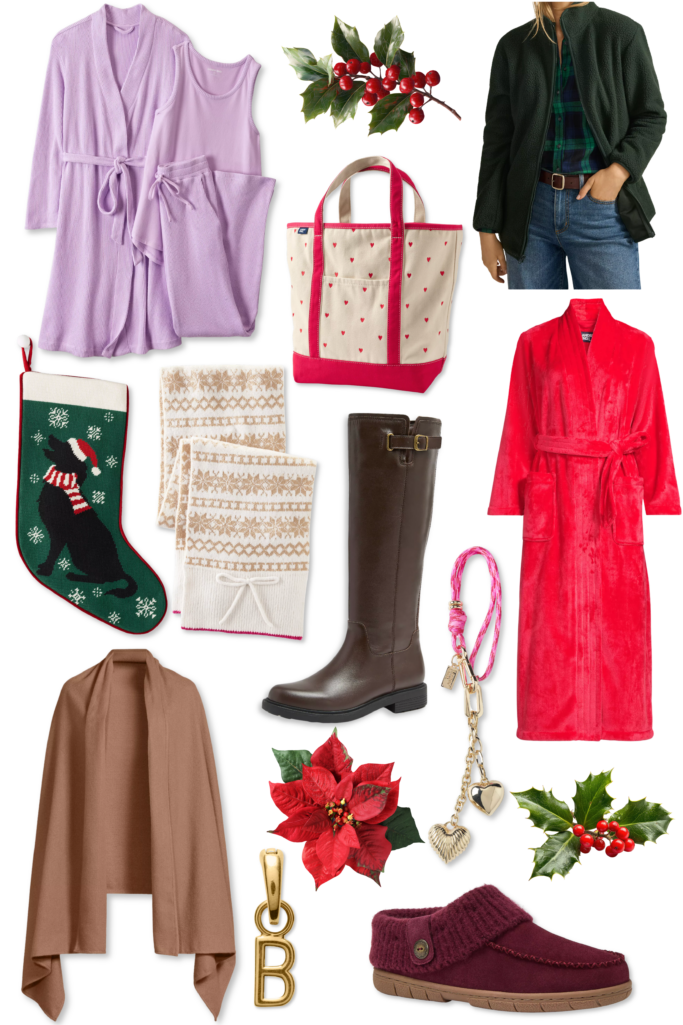 Lands' End last-minute gift ideas featuring lavender waffle robe set, heart print canvas tote bag, green fleece jacket, black lab needlepoint Christmas stocking, fair isle knit scarf, brown leather riding boots, red plush robe, braided keychain charm, camel cashmere wrap, gold initial charm, and burgundy cozy slippers—practical and cozy holiday gifts for women