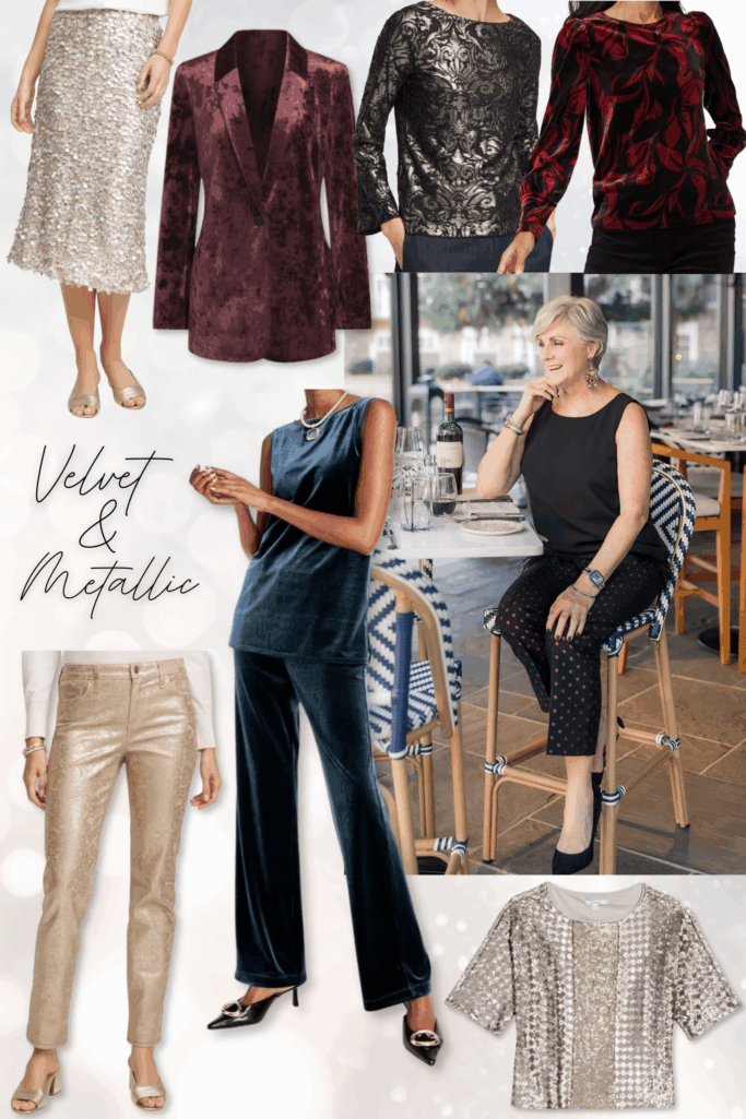 Collage of velvet and metallic New Year's Eve outfit ideas for women over 50 featuring sequin midi skirt, burgundy velvet blazer, patterned velvet tops, teal velvet separates, gold metallic pants, and silver sequin top