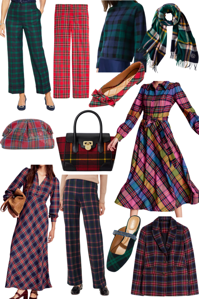 More Tartan to Love Collage Alt Text: Holiday tartan shopping collage featuring green plaid wide-leg pants, red tartan trousers, navy and green plaid poncho, plaid fringe scarf, red tartan bow flats, rainbow plaid midi dress, sequin plaid clutch, red tartan structured handbag, navy plaid wrap dress, navy tartan trousers, green plaid mules with crystal strap, and navy plaid blazer—festive plaid pieces to shop for the holidays